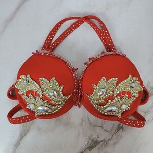 EUC Vitality Red Gold Rhinestone Push Up Cabaret Carnival Belly Dance Bra, Sz M